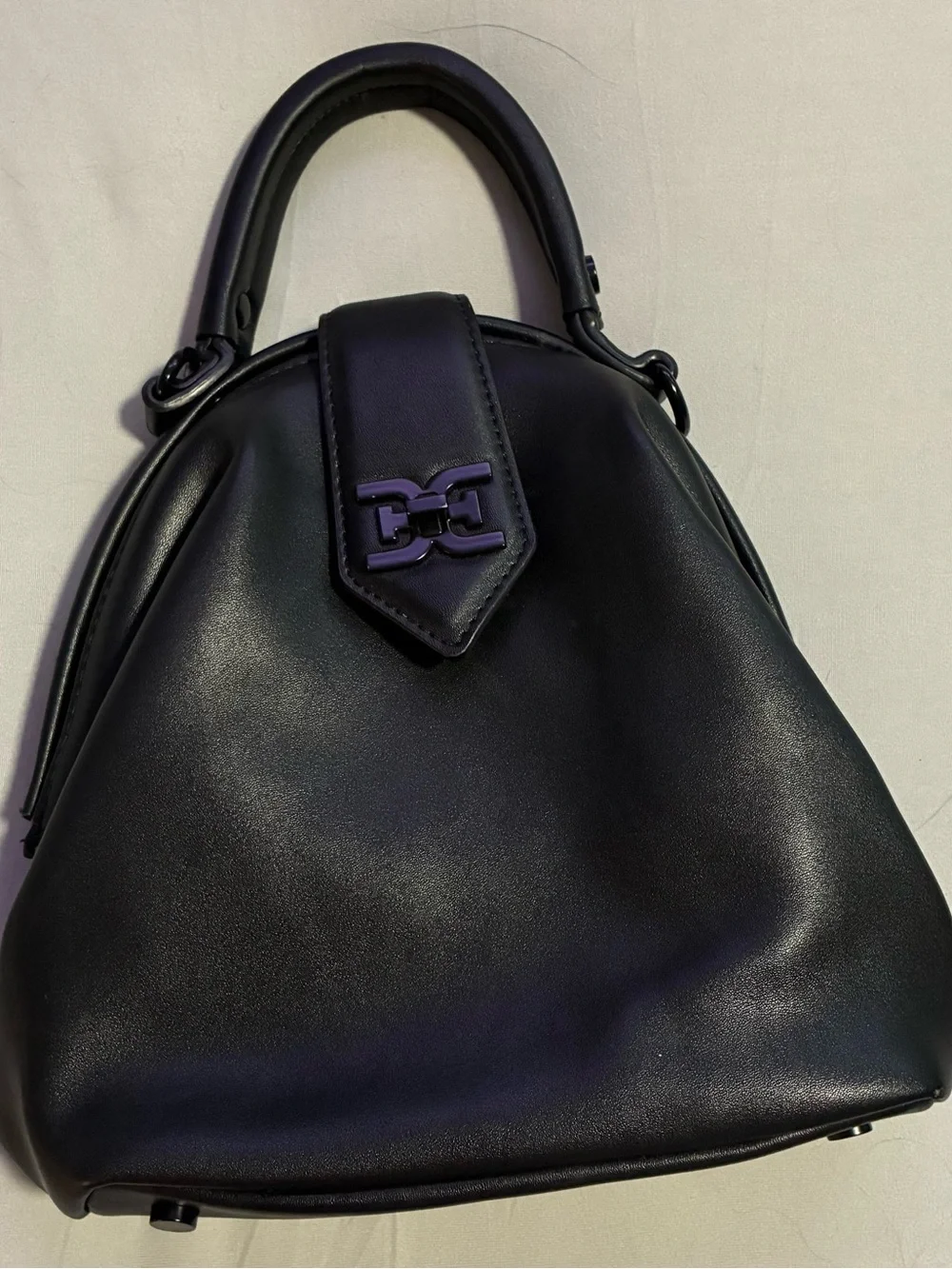 Sam Edelman Black Leather Top-Handle Satchel with Logo Tab and Shoulder Strap